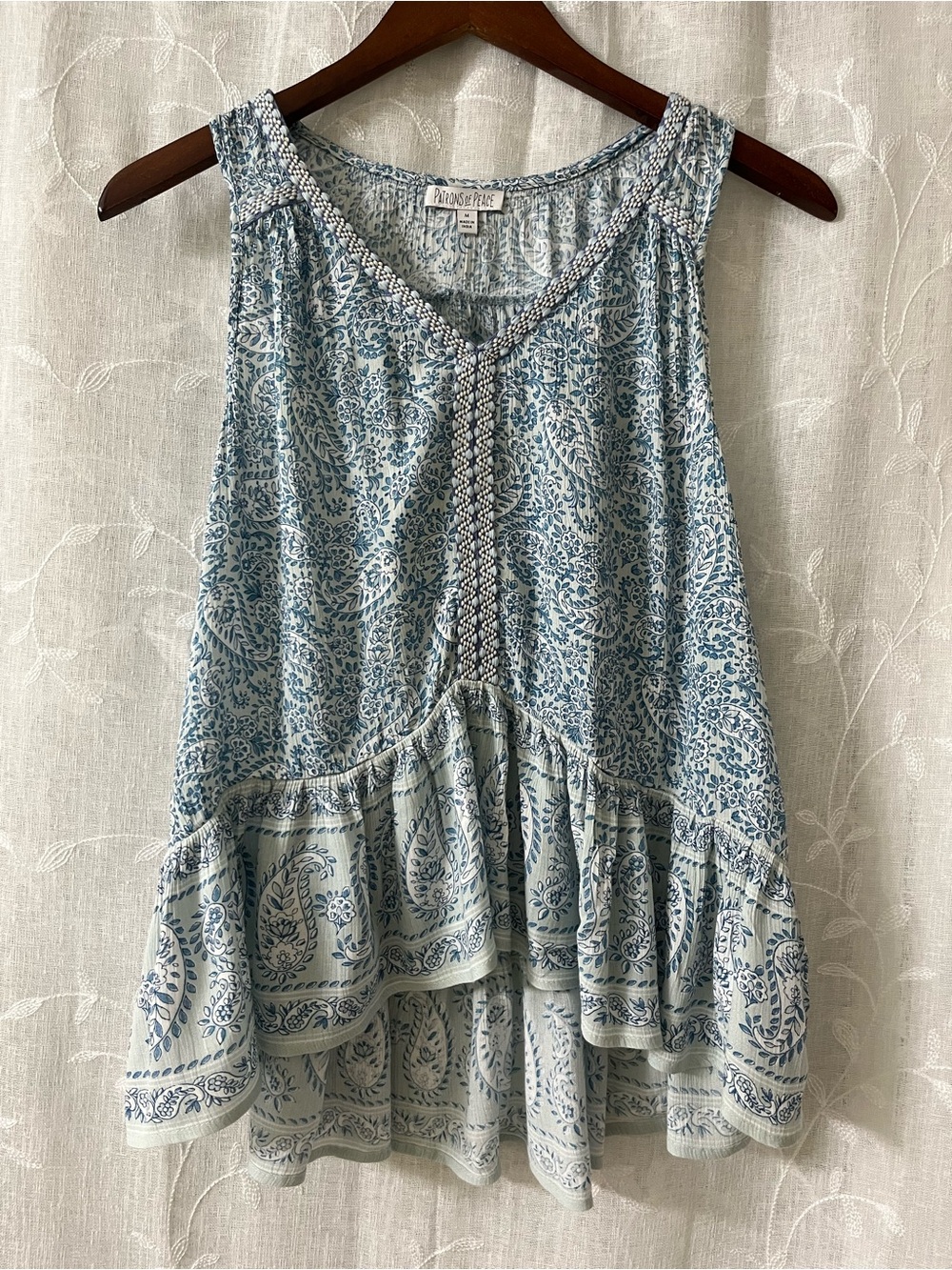 Patrons of Peace Light Blue Paisley Tiered Sleeveless Top Medium